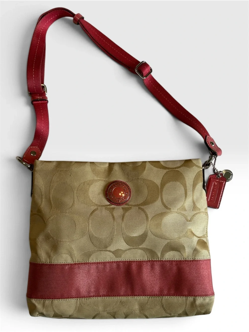 Coach F19220 Signature File Crossbody Bag Khaki Jacquard Pink Coral Stripe Y2K